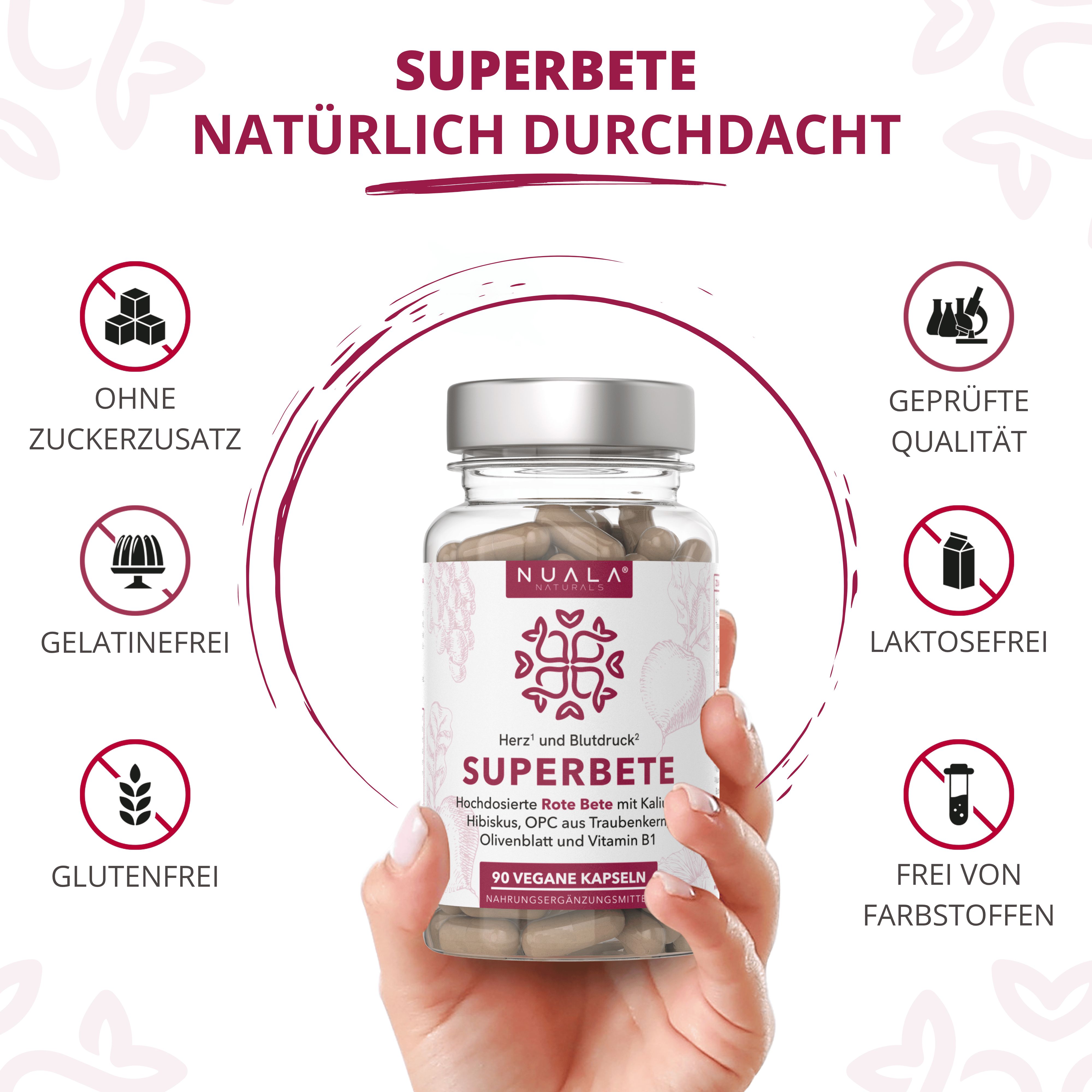 Hand hält Superbete-Kapseln. Text: Ohne Zuckerzusatz, Gelatinefrei, Glutenfrei, Laktosefrei, Frei von Farbstoffen, Geprüfte Qualität.