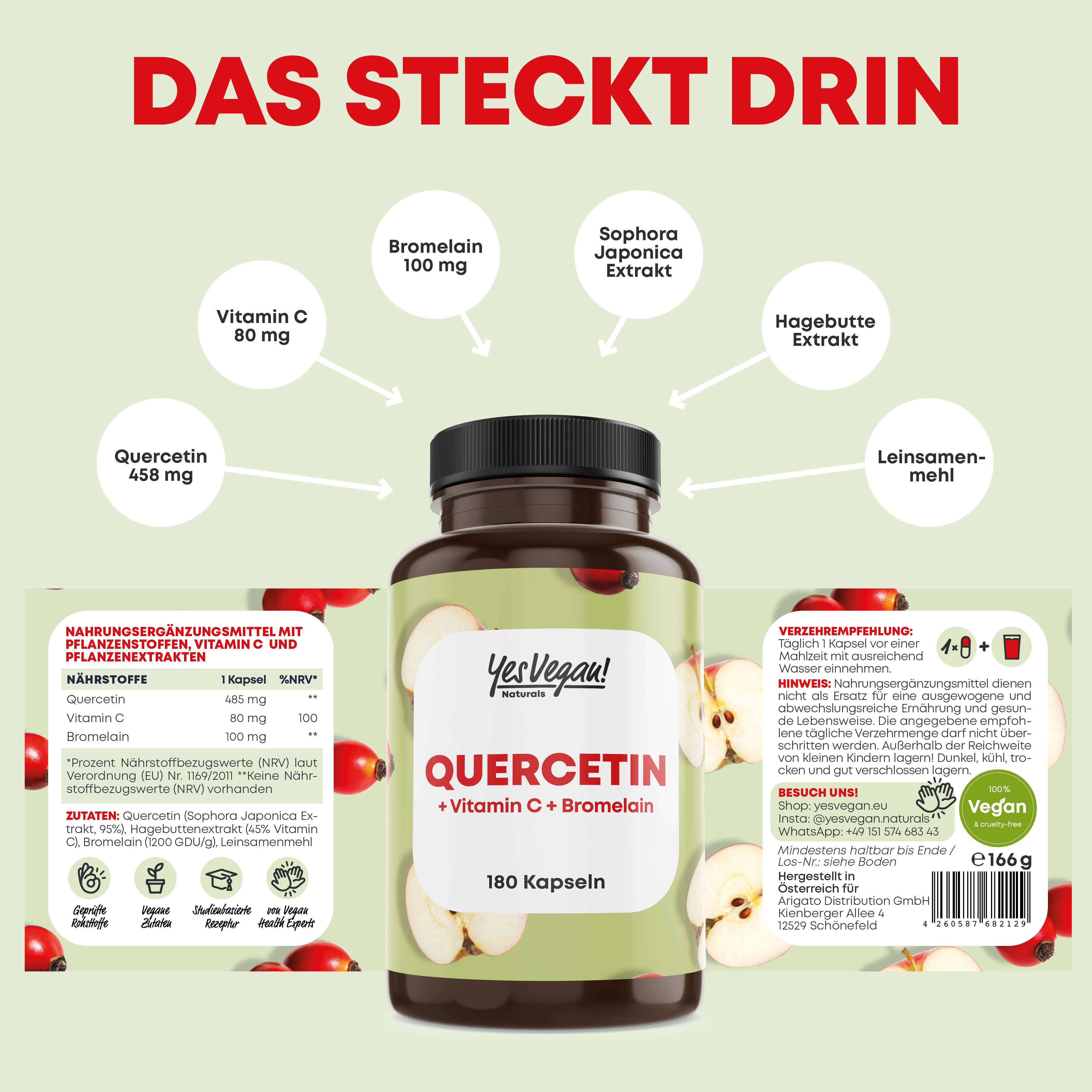 Quercetin hochdosiert (180 Kapslen) mit Vitamin C und Bromelain - Vegan (1x 180 Kapseln) 1x180 St