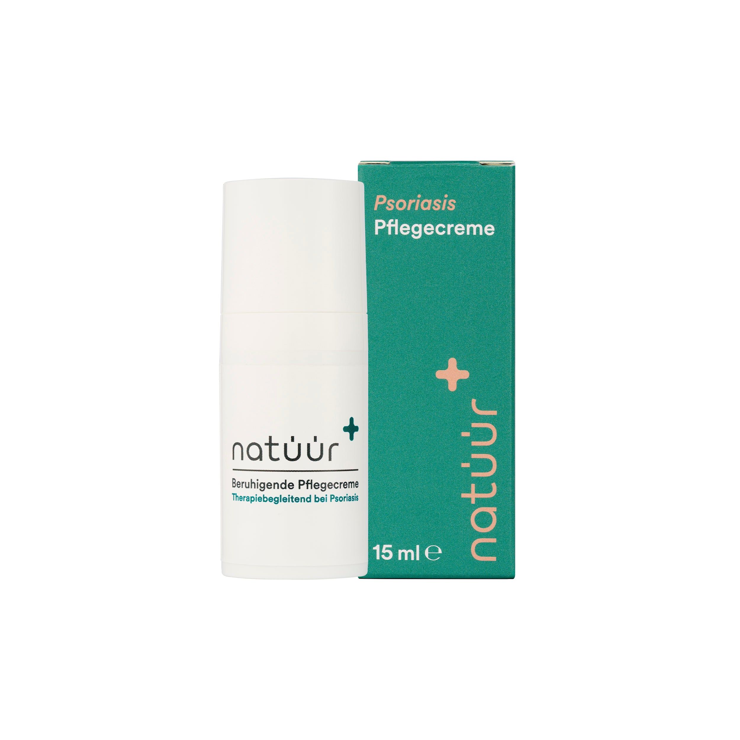 Weiße Creme-Flasche und grüne Schachtel. Text: natüür, beruhigende Pflegecreme, 15 ml. Schachtel: Psoriasis Pflegecreme.