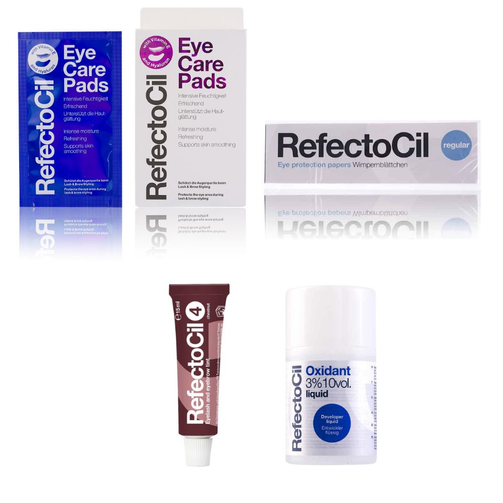 Refectocil Wimpernfarbe kastanie 4 & Oxidant flüssig 3% Wimpernblättchen Eye Care Pads Set 15 ml Creme