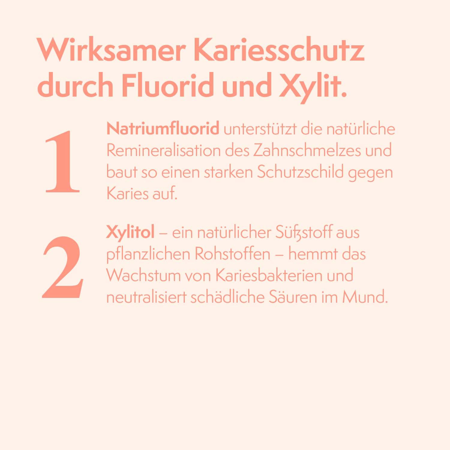 Text: Wirksamer Kariesschutz durch Fluorid und Xylit. Natriumfluorid und Xylit. Xylit hemmt das Wachstum von Kariesbakterien.