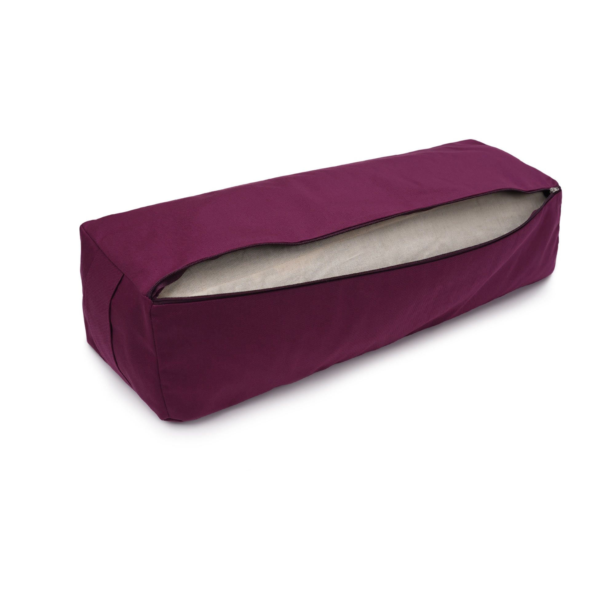 Auberginefarbenes Yogabox Bolster mit geöffnetem Reißverschluss.