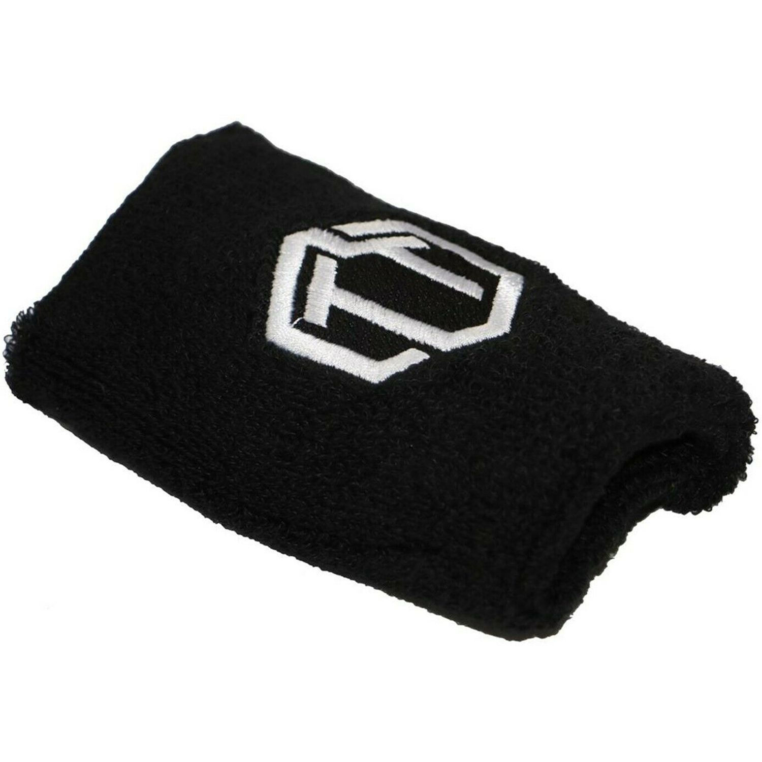 Schwarzer Handgelenkschützer mit weißem Logo. Weiches Material, Logo-Stickerei.