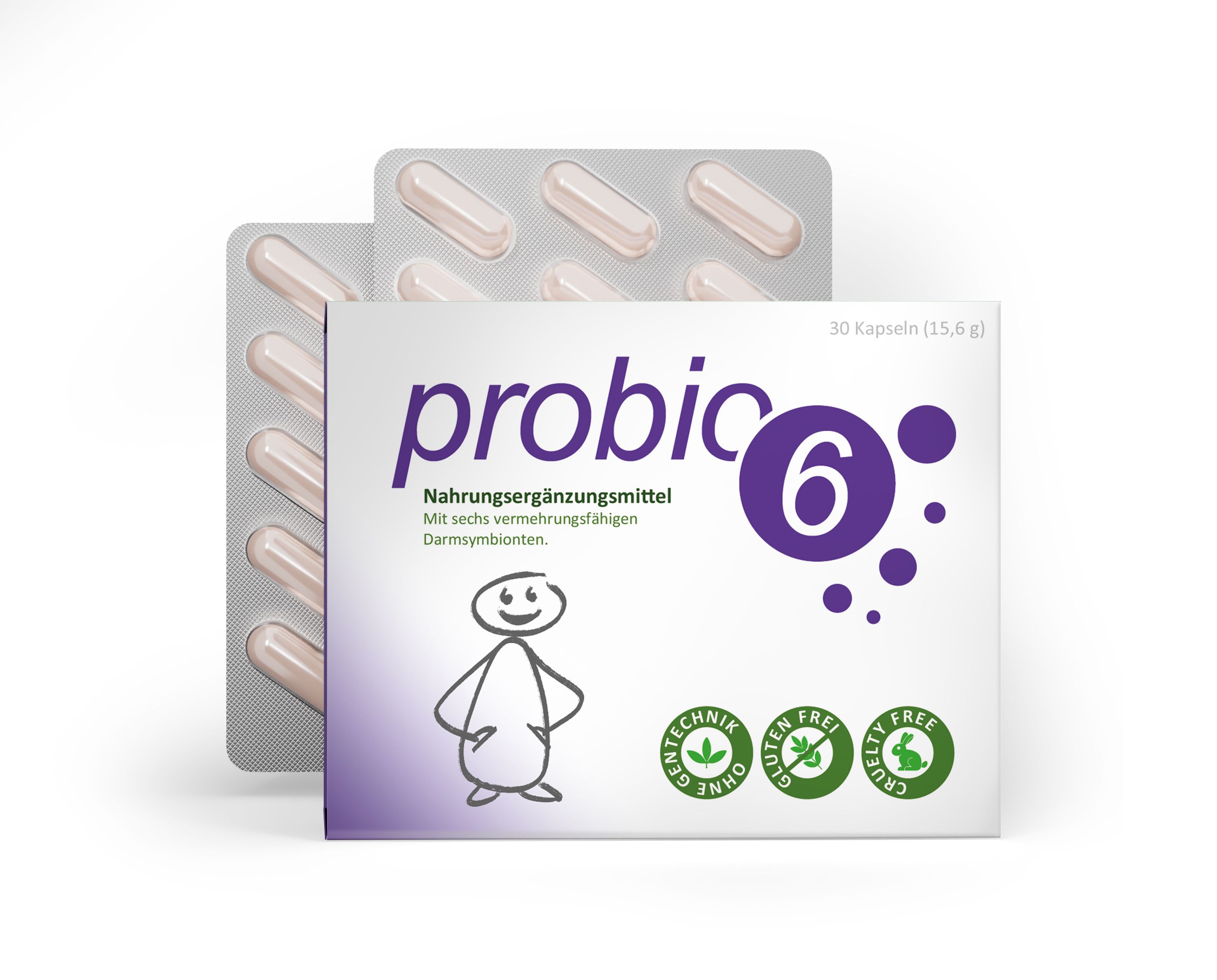 Blisterpackungen mit Kapseln und eine Schachtel mit der Aufschrift "proBio 6". Enthält 30 Kapseln. Mit Logo und Zertifizierungen.
