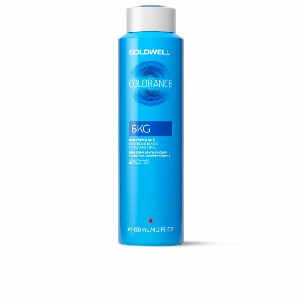 Hellblaue Flasche mit weißem Deckel. Aufschrift: GOLDWELL, COLORANCE, 6KG. Demi-permanente Haarfarbe. 120 ml.