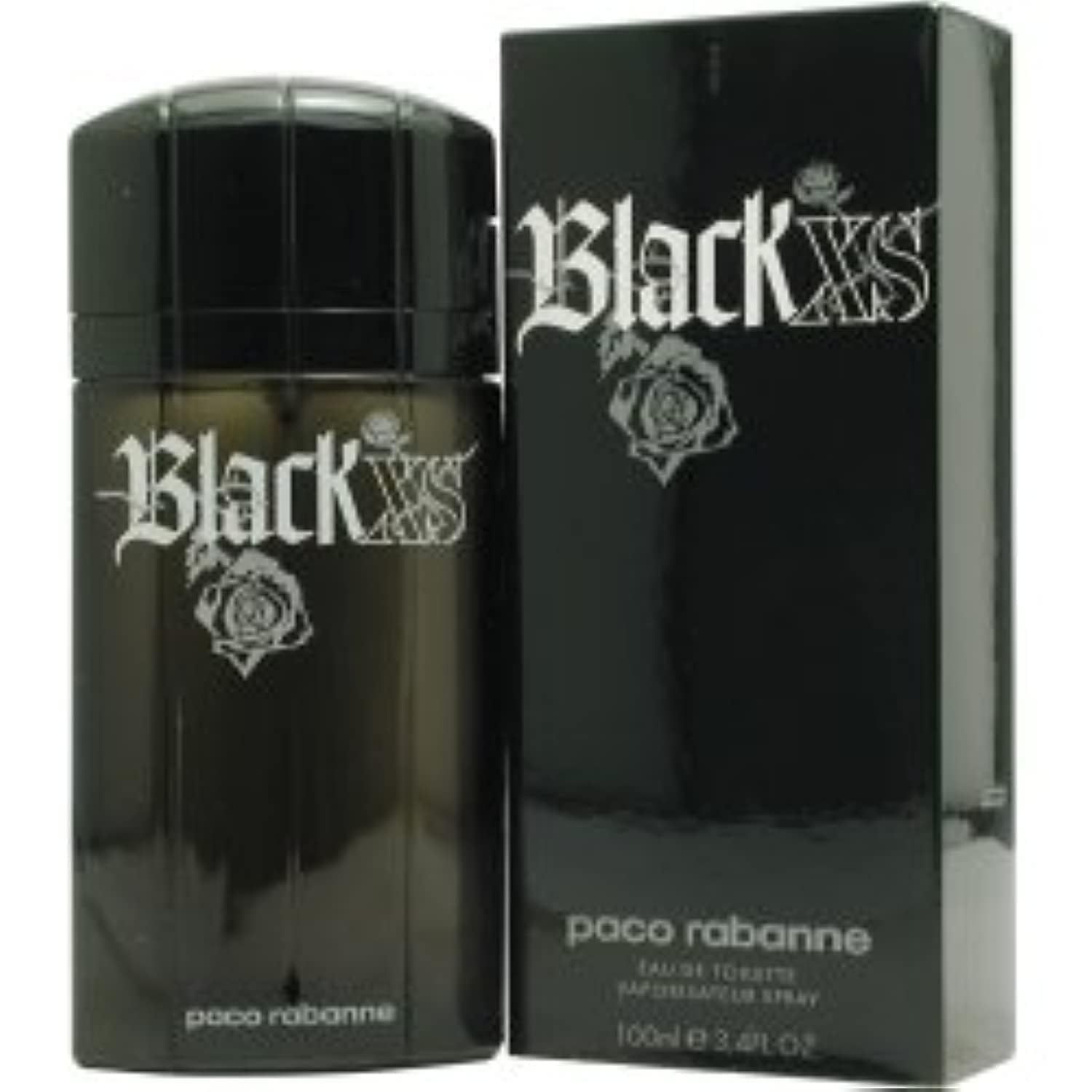 Schwarzer Flakon und Schachtel. Aufschrift Black XS und Paco Rabanne. Eau de Toilette.