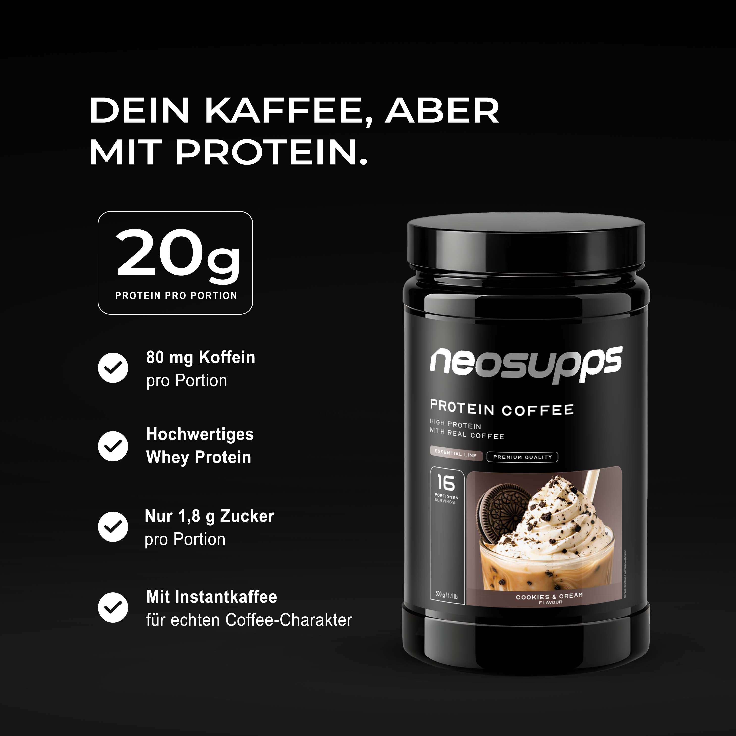 Neosupps Protein Coffee Dose mit Liste von Nährwertangaben und Vorteilen.