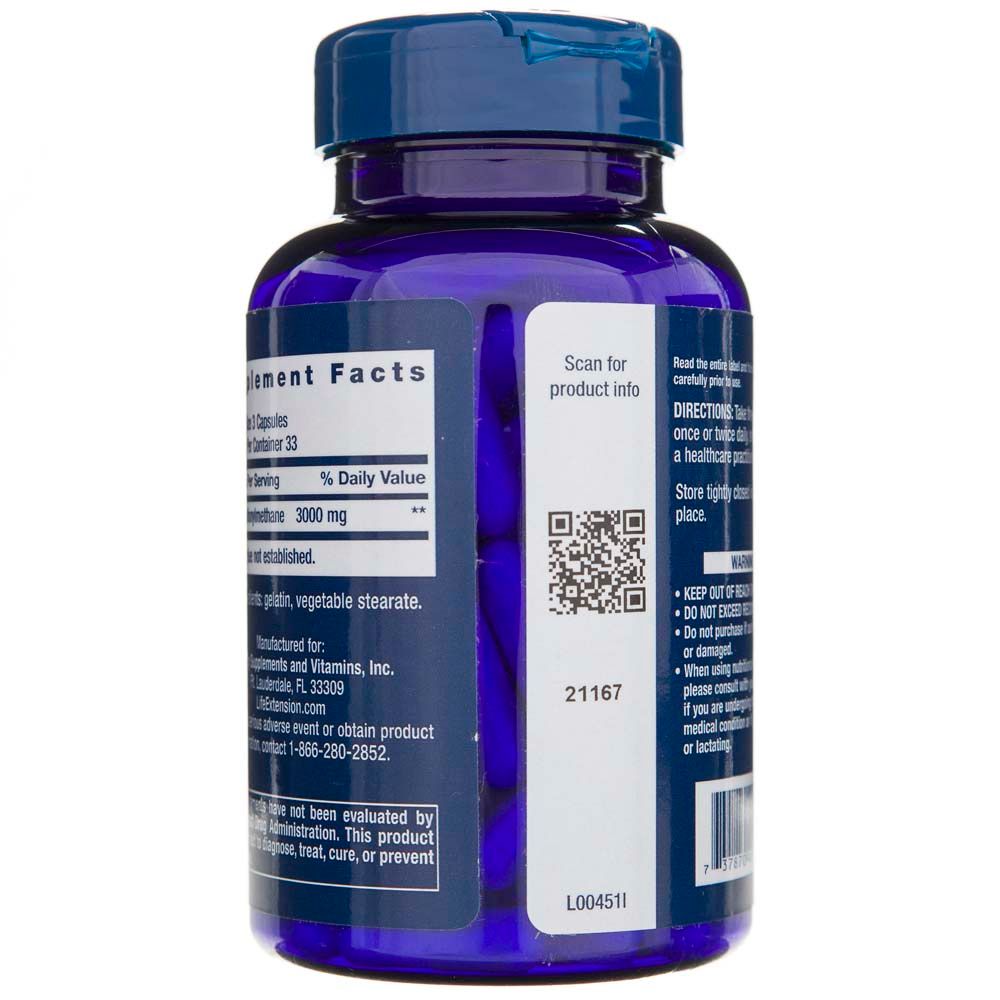 Seite der Life Extension MSM 1000 mg Flasche mit QR-Code und Barcode für Produktinformationen.