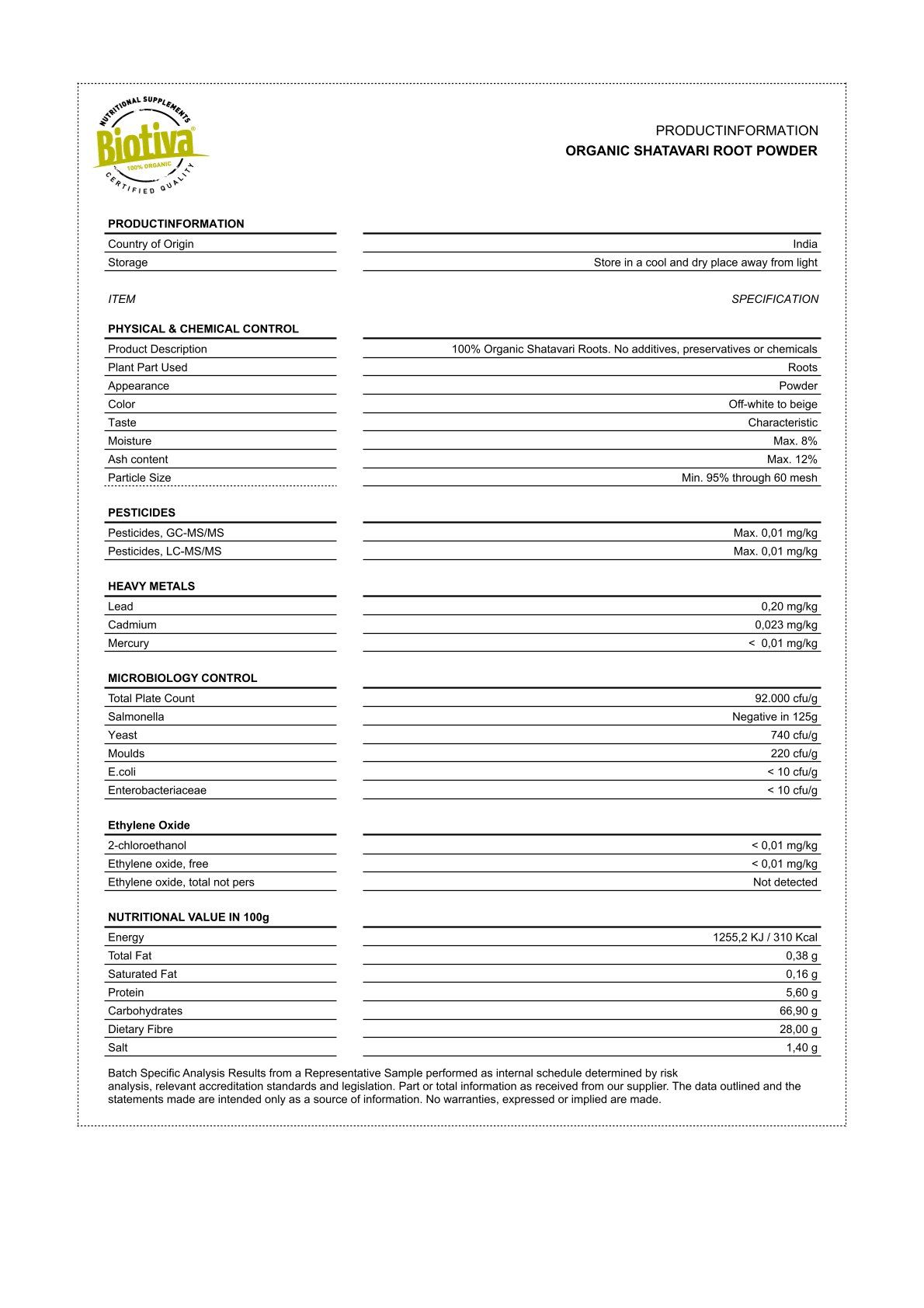 Weißes Blatt mit Tabellen. Enthält Informationen zu Produktinformationen, physikalischen und chemischen Eigenschaften, Pestiziden, Schwermetallen und Mikrobiologie.
