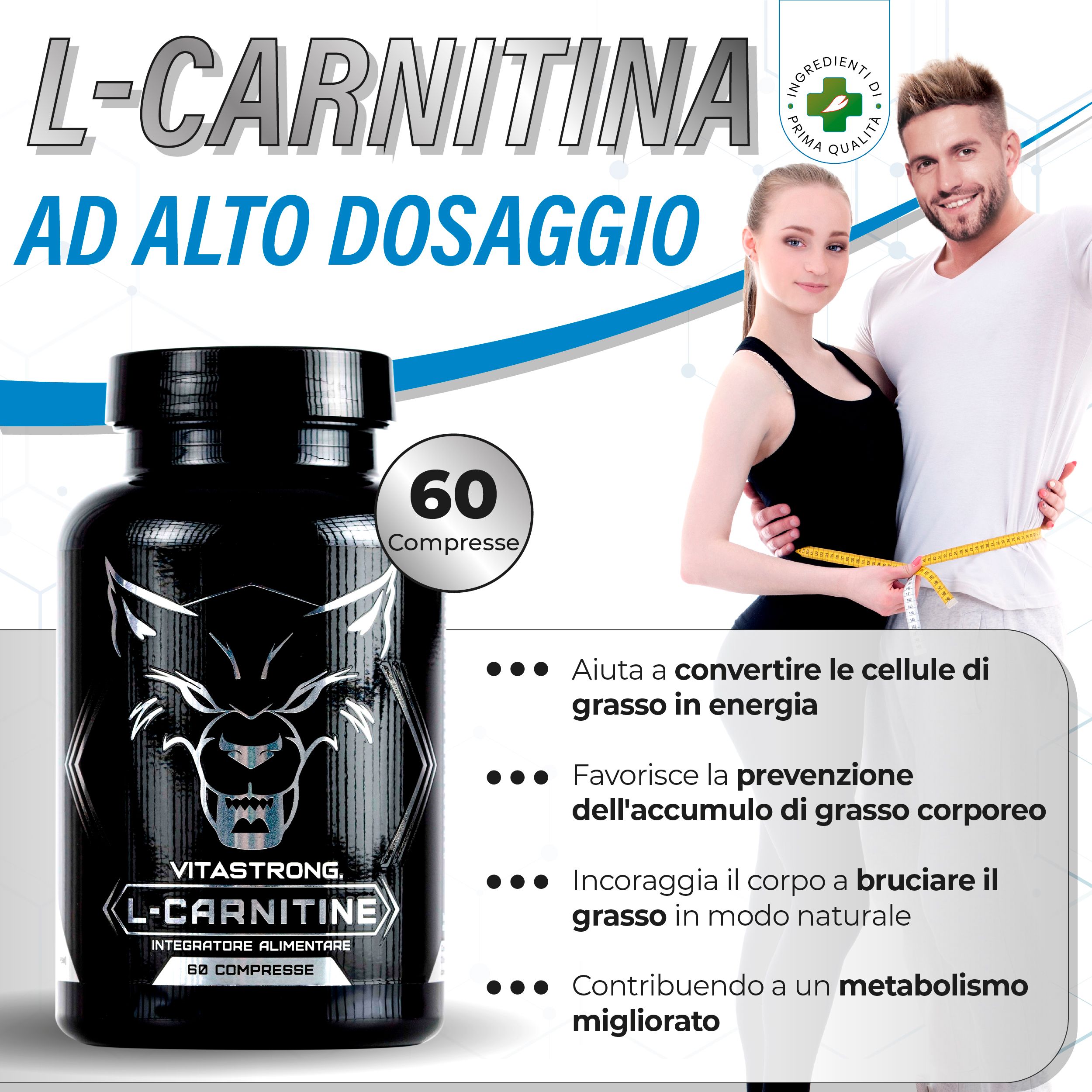 Flacone di Vitastrong L-Carnitina con 60 compresse, accanto a una coppia. Testo: L-Carnitina ad alto dosaggio.
