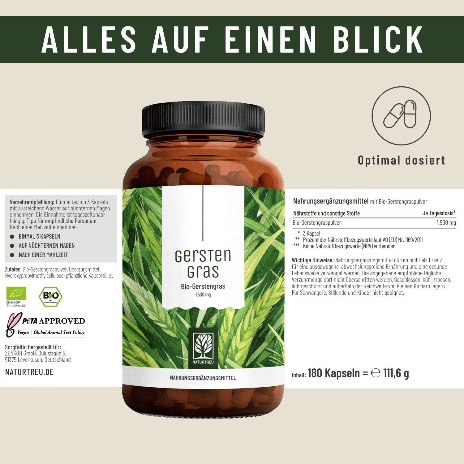 Braune Glasflasche mit GERSTENGRAS - NATURTREU® Kapseln. Text: Bio-Gerstengras 1000mg. Informationen und Logos.