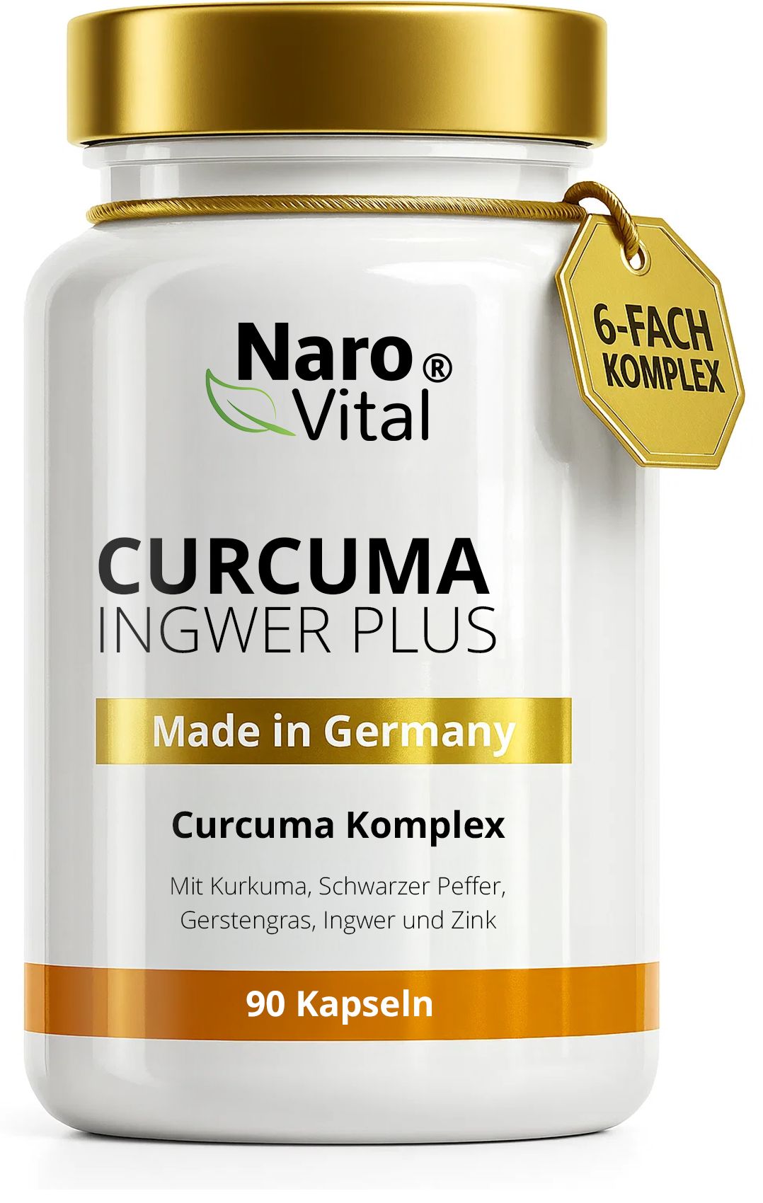 Weiße Flasche mit goldfarbenem Deckel und Etikett. Aufschrift: Curcuma Ingwer Plus, 90 Kapseln. Anhänger: 6-Fach Komplex.