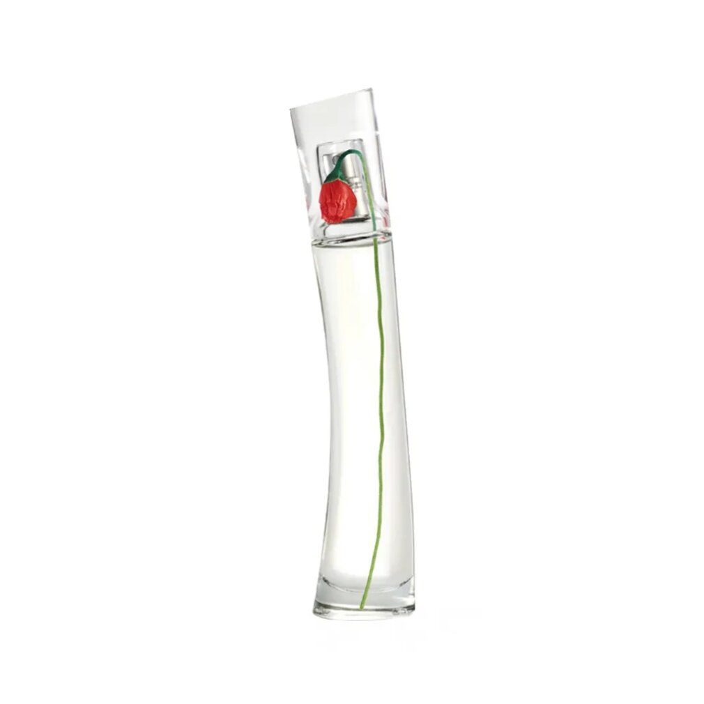 Parfümflasche mit roter Blume und grünem Stiel. Transparente, geschwungene Flasche.