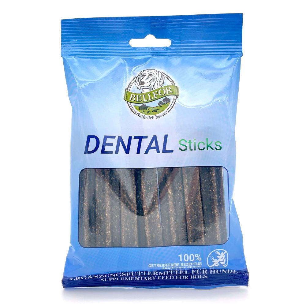 Beutel mit Dental Sticks. Text: 'Dental Sticks', Logo, '100% getreidefreie Rezeptur'.