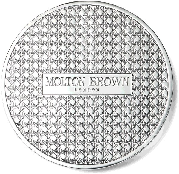 Runder silberner Deckel mit geprägtem Muster. "Molton Brown London" ist sichtbar.