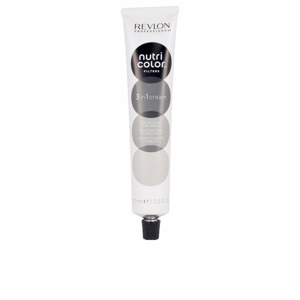 Tube Revlon Nutri Color Filters. Weißer Tube mit schwarzem Verschluss. Produktbezeichnung und Farbtonangabe.