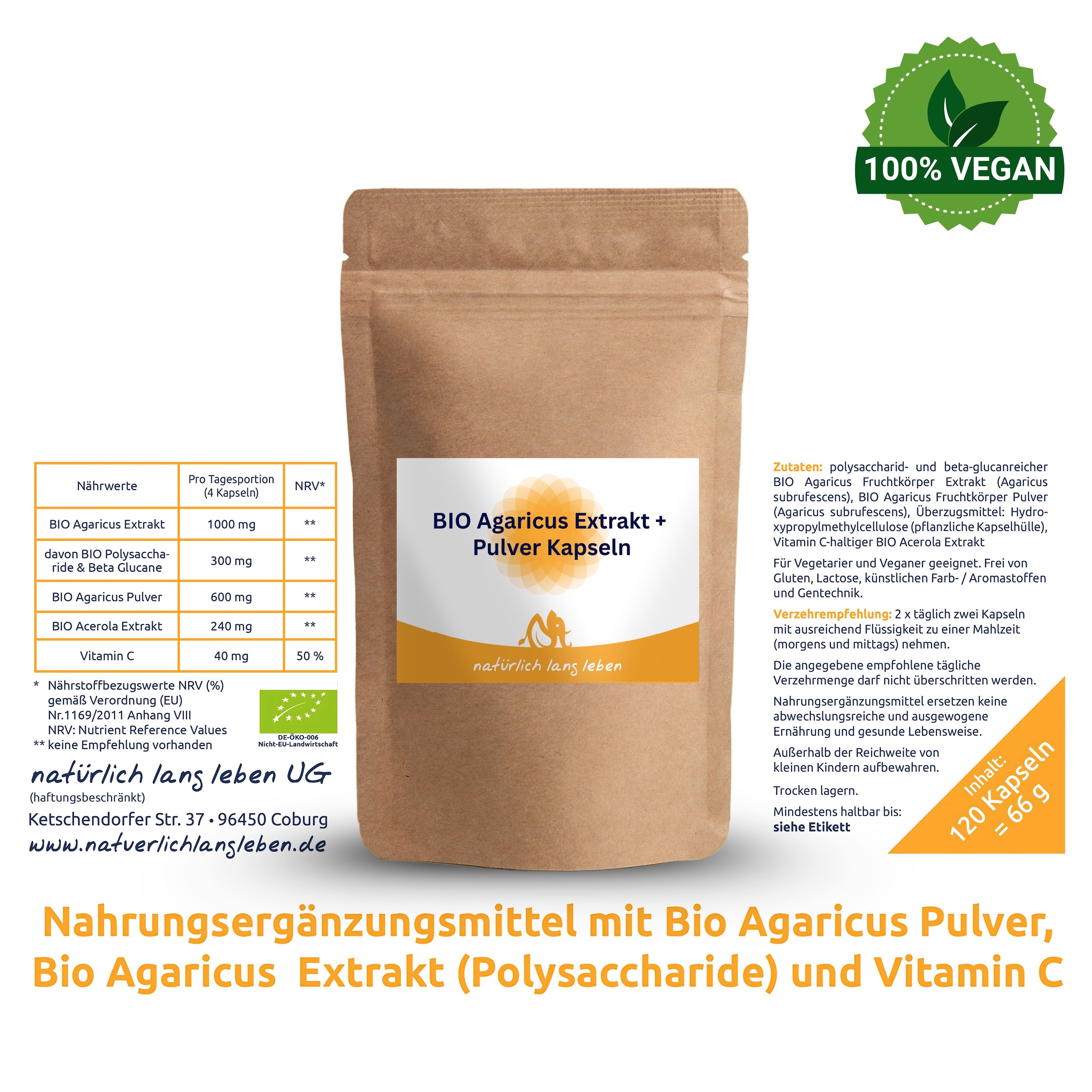 BIO Agaricus Extrakt + Pulver Kapseln 120 Stück