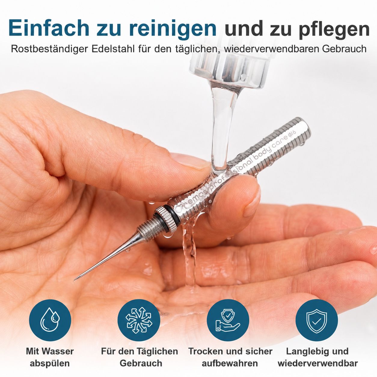 Reinigung eines REMOS Edelstahl-Zahnstochers unter fließendem Wasser für täglichen Gebrauch.
