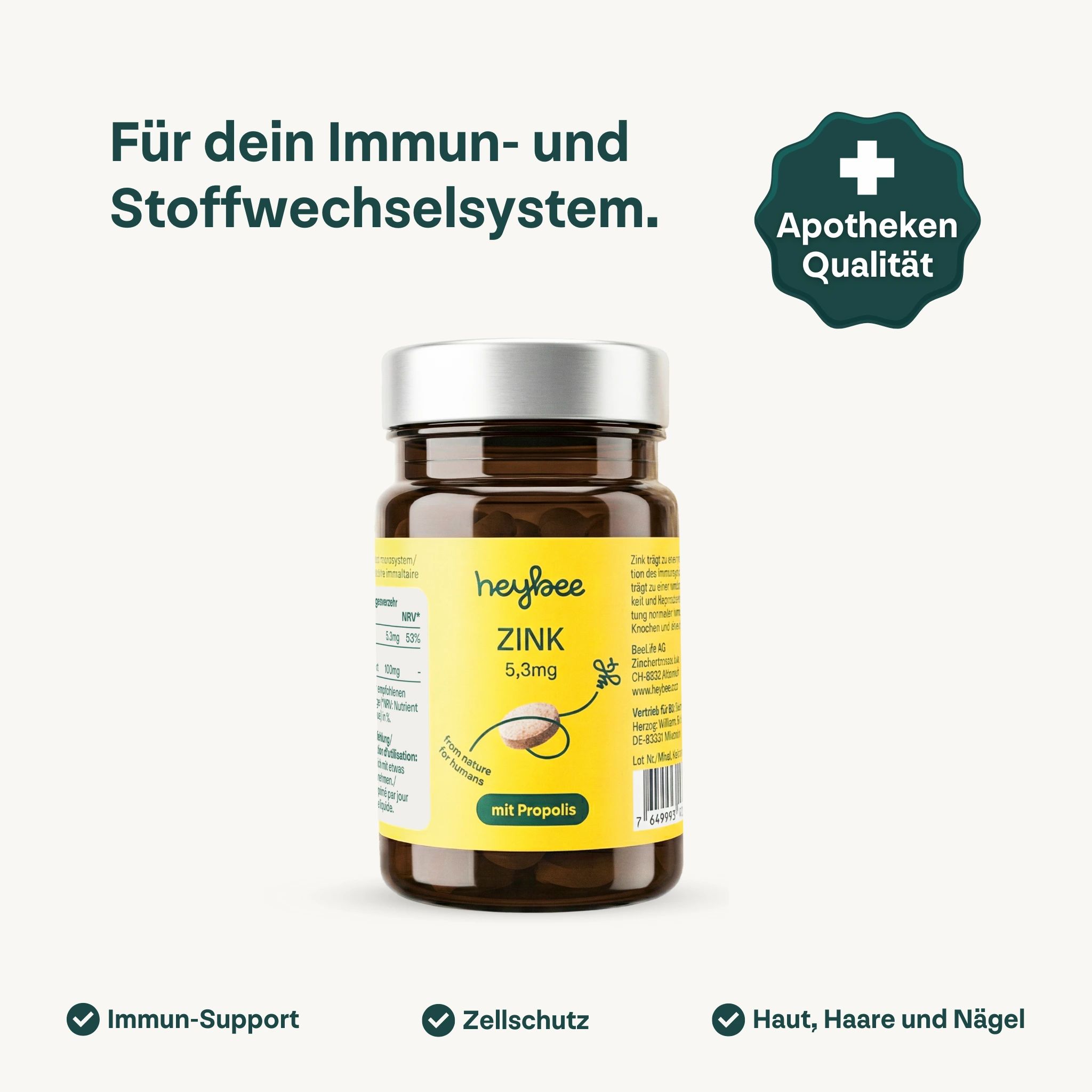 Braune Glasflasche mit gelbem Etikett. Text: Heybee Zink 5,3mg + Propolis. Apotheken Qualität.
