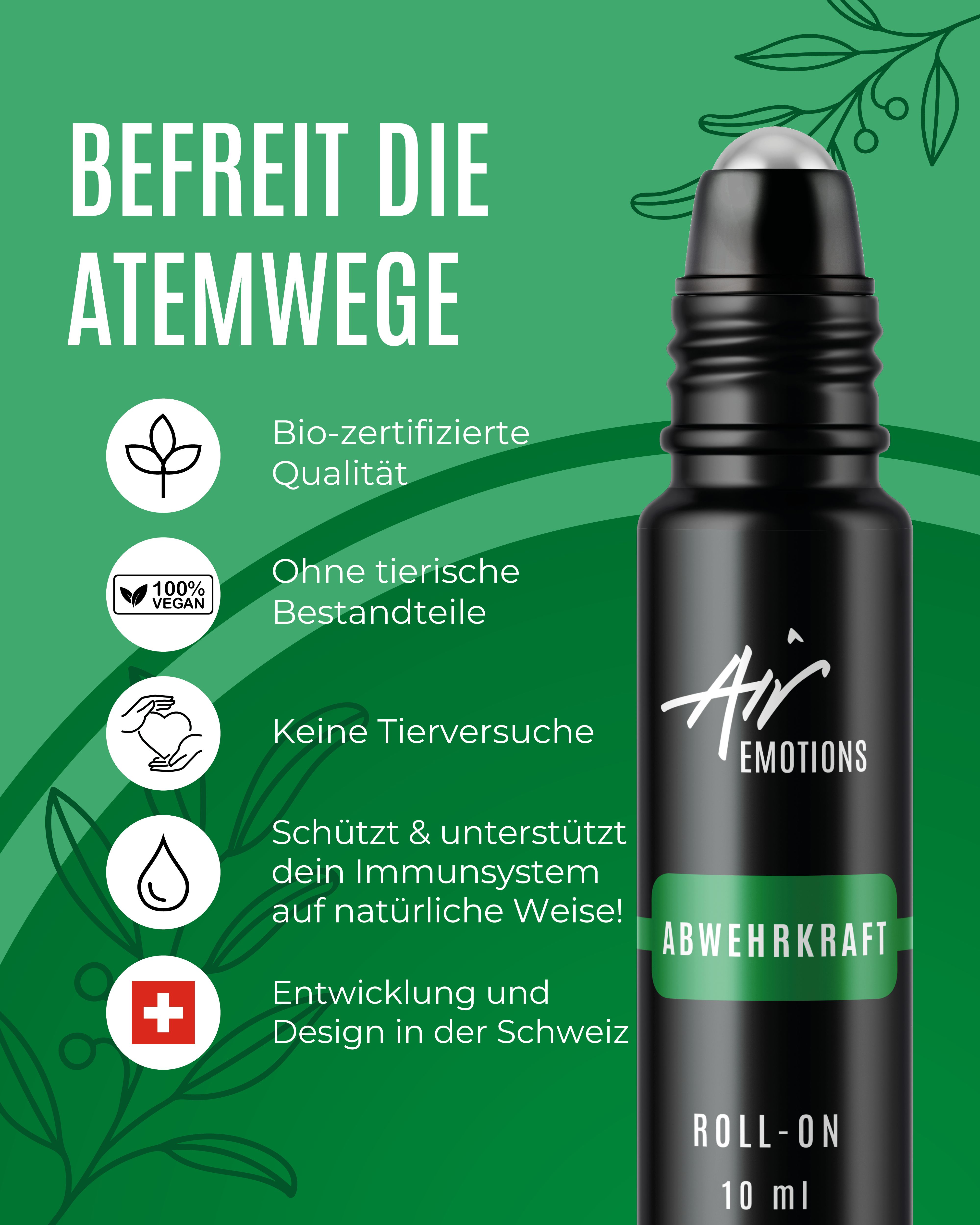 Schwarze Roll-On-Flasche mit grüner Beschriftung. Text: Bio-zertifizierte Qualität, ohne tierische Bestandteile, vegan.