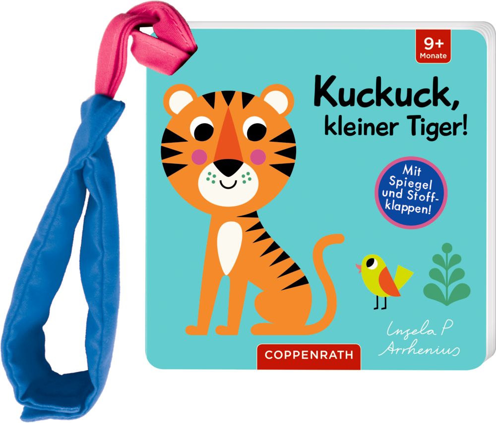 Buch mit Tiger-Illustration. Titel: Kuckuck, kleiner Tiger! Mit Spiegel und Stoffklappen. Blaue Schlaufe mit pinkfarbenem Ende.