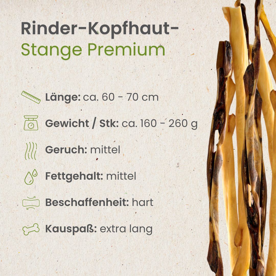 Rinderkopfhaut-Stange Premium: Länge ca. 60-70 cm, Gewicht ca. 160-260 g, harter Kaussnack.