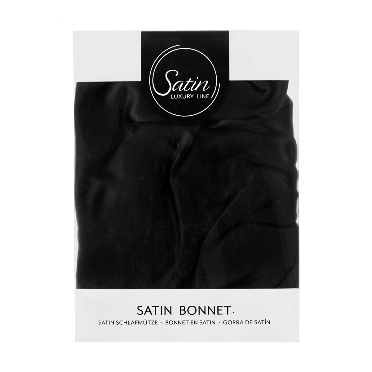 Zwarte satijnen slaapmuts in een witte verpakking. De verpakking toont de merknaam "Satin" en de productnaam "Satin Bonnet". De verpakking is rechthoekig en bevat het product.