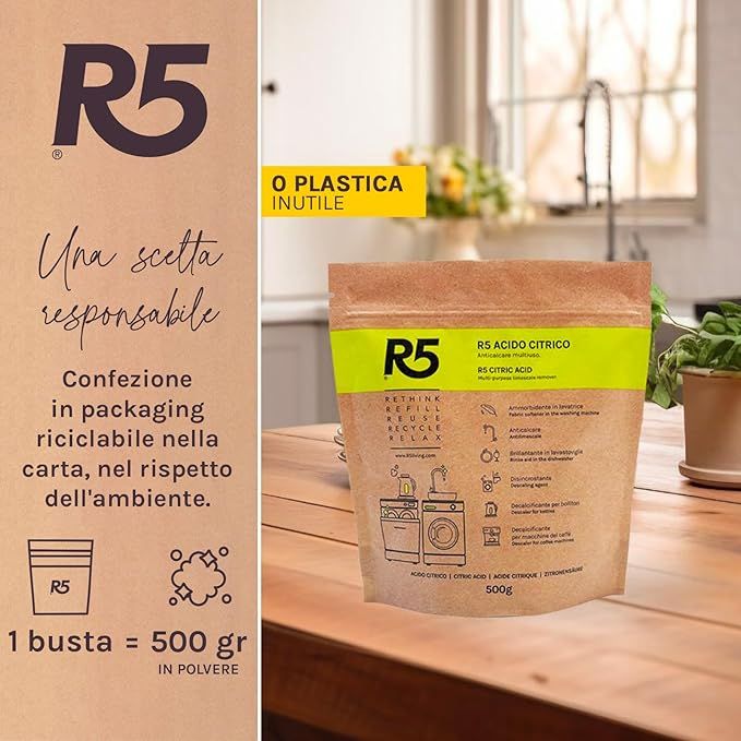 R5 Acido Citrico Polvere in recycelbarer Verpackung. Aufschrift: 1 Beutel = 500 g in Pulverform. Text: Una scelta responsabile.