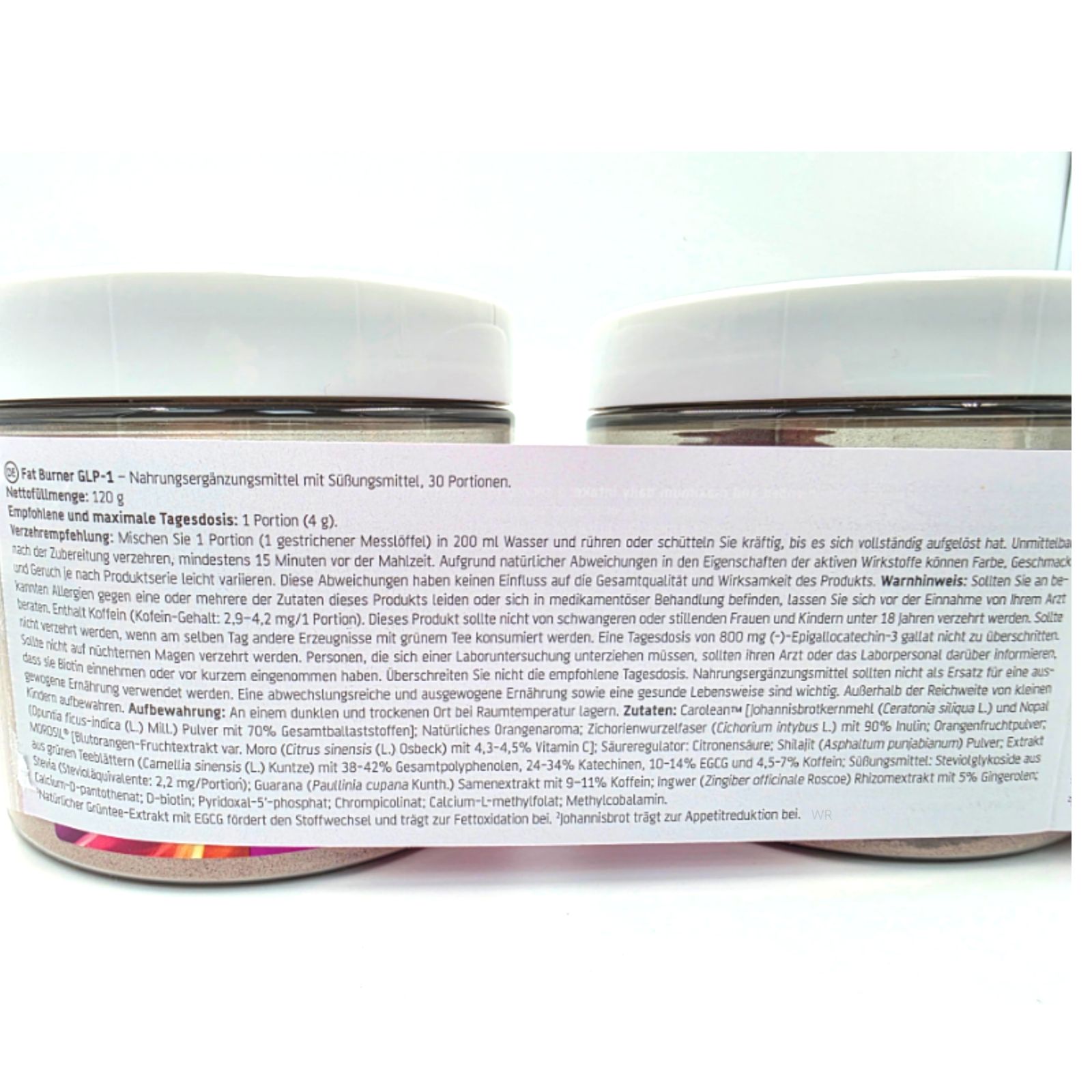 Zwei Behälter mit Deckel. Aufschrift: Fat Burner GLP-1. Text auf der Rückseite. Weiße Deckel, rosa und rote Etiketten.