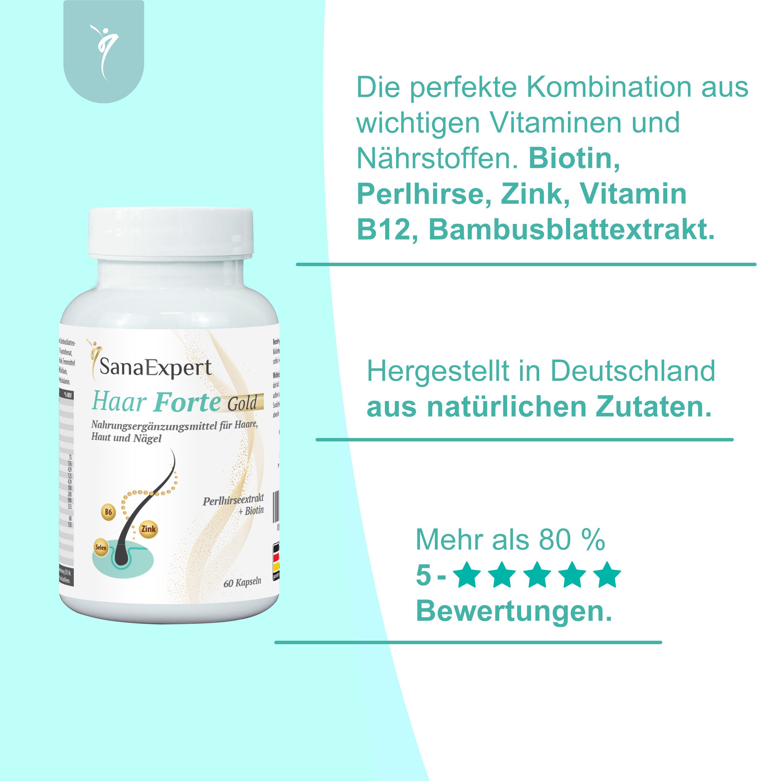Flasche SanaExpert Haar Forte Gold mit wichtigen Vitaminen und Nährstoffen.