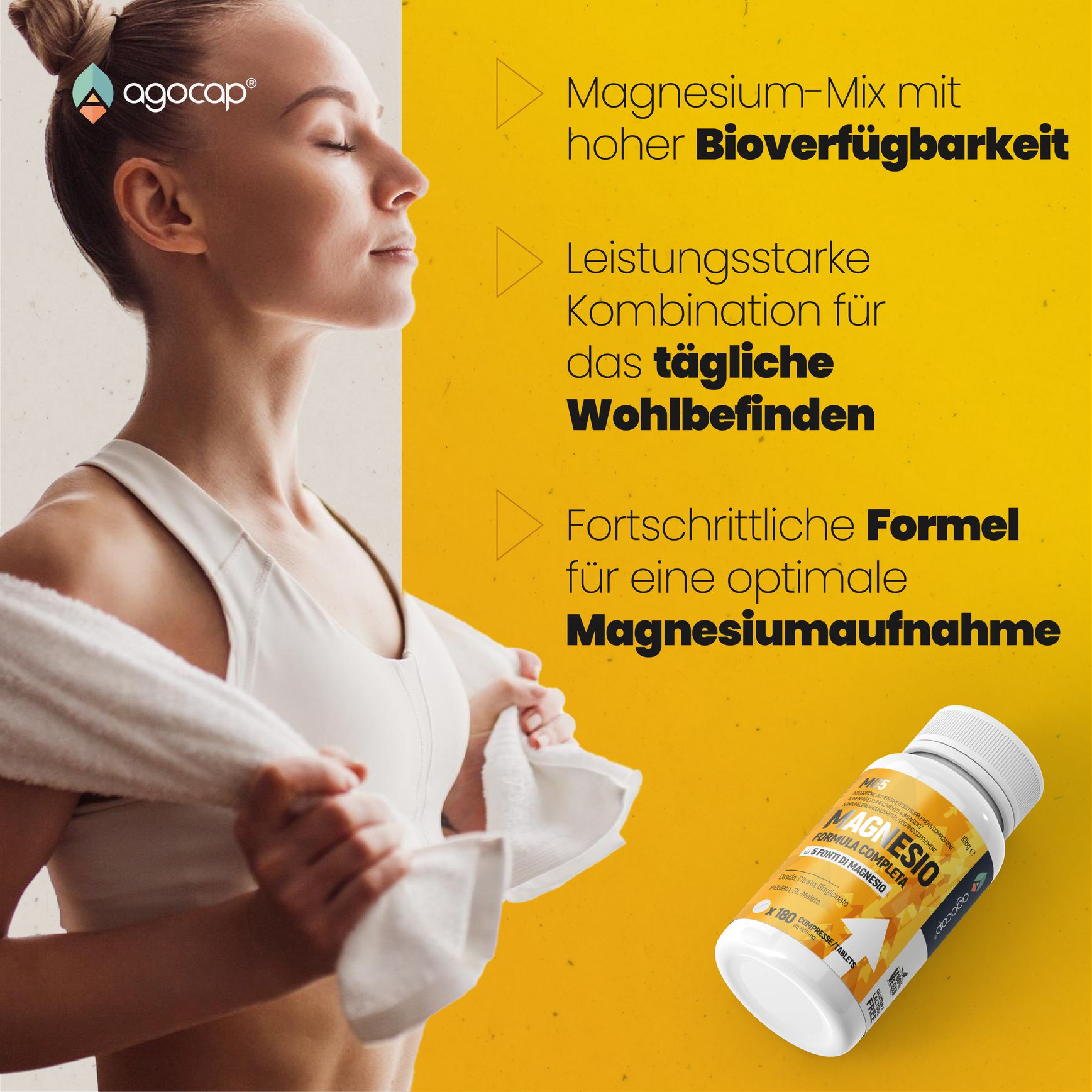 Frau mit Handtuch. Gelber Hintergrund mit Text: Magnesium-Mix mit hoher Bioverfügbarkeit, leistungsstarke Kombination.