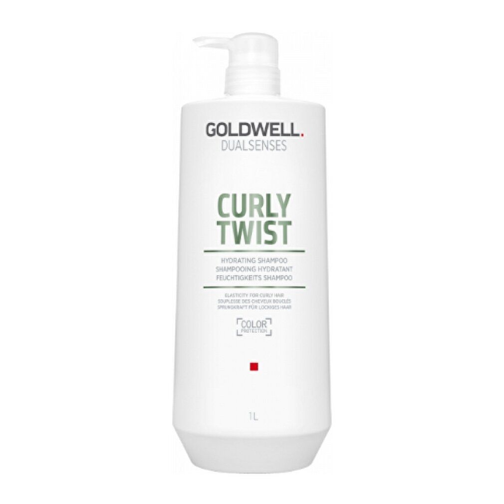 Goldwell Dualsenses Curly Twist Shampoo. Weiße Flasche mit Pumpe. Enthält 1L. Color-Schutz-Logo.
