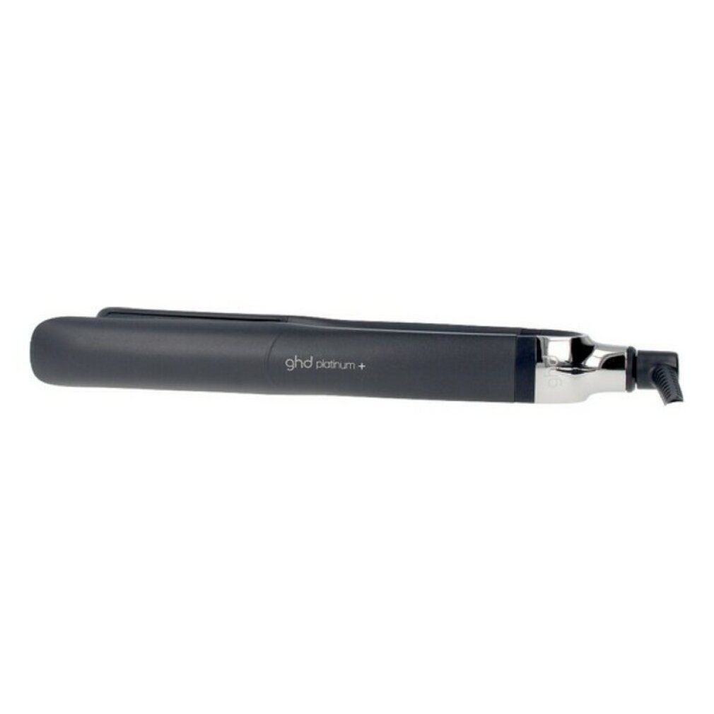 GHD PLATINUM PLUS schwarz. Schwarzes Glätteisen mit silbernen Akzenten. GHD platinum+ Schriftzug.