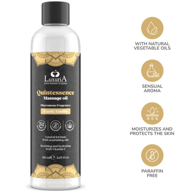 Massageölflasche mit Etikett 'Quintessence Exotic Vanilla', 150ml. Enthält natürliche Pflanzenöle, ist parfümfrei.