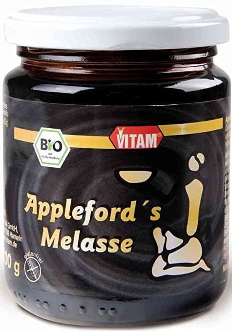 Glas Vitam Appleford's Melasse mit Bio-Siegel und Aufschrift.