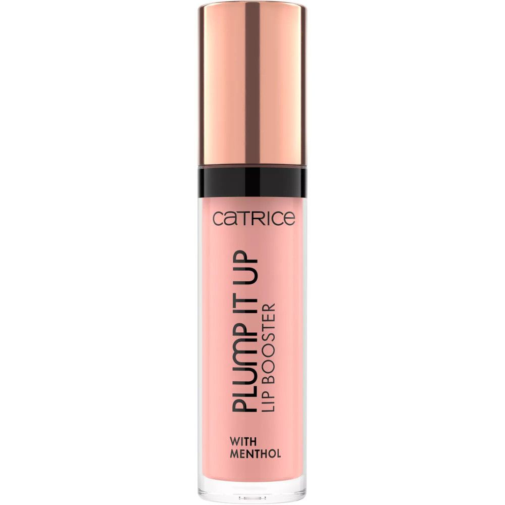 Lipgloss-Flakon. Rosa Flüssigkeit, transparente Hülle, roségoldener Deckel. Schriftzug: CATRICE, PLUMP IT UP, LIP BOOSTER, WITH MENTHOL.