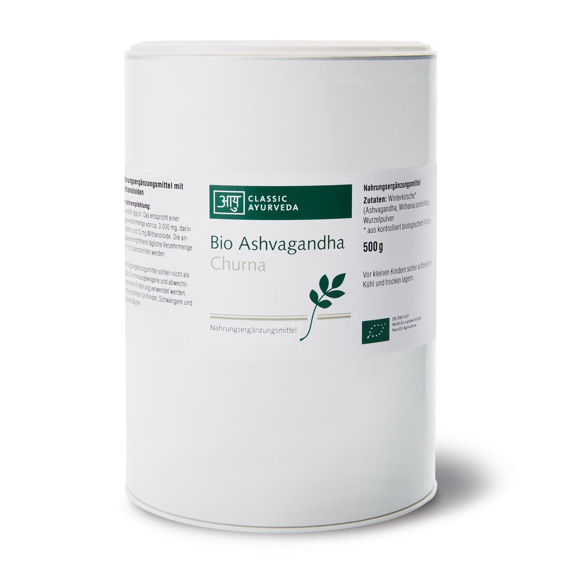 Weißes zylindrisches Behältnis mit Etikett. Aufschrift: Bio Ashvagandha Churna, 500g. Bio-Siegel.