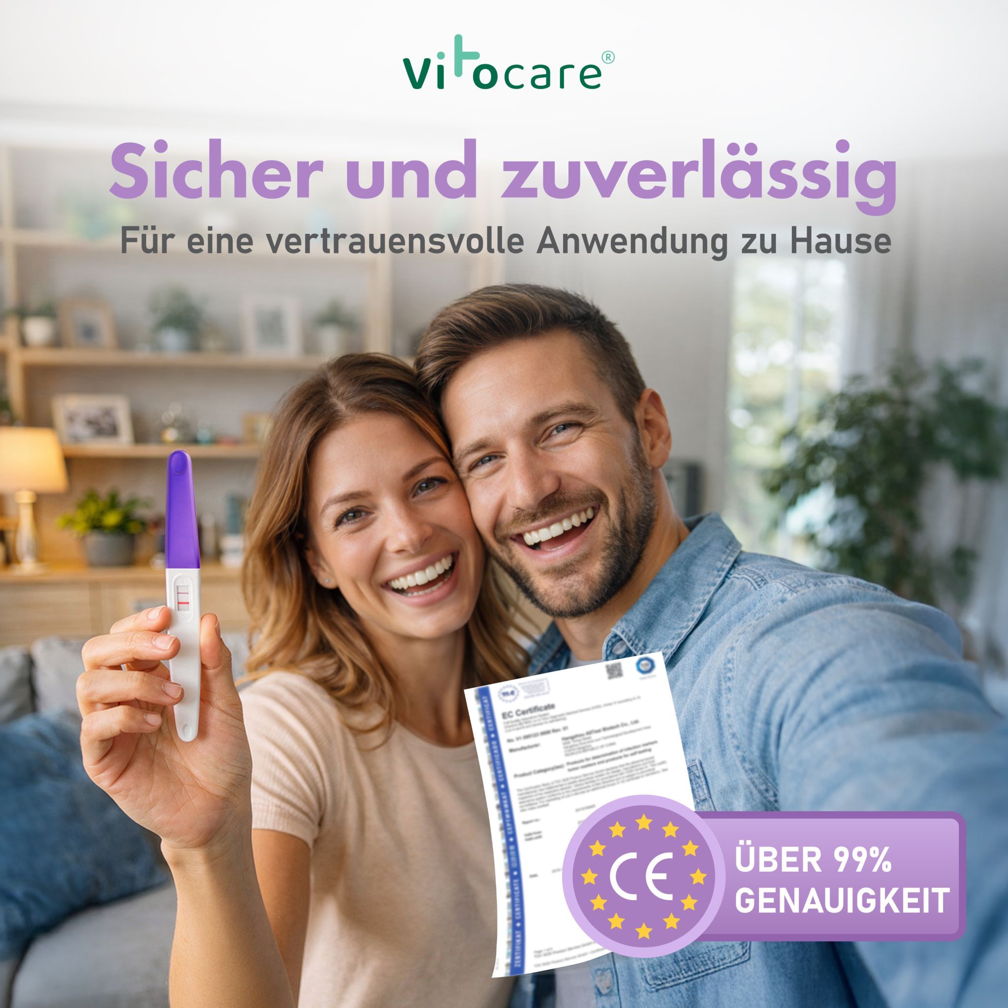 Paar hält einen Schwangerschaftstest und ein Dokument. Text: Über 99% Genauigkeit. CE-Zertifizierung.