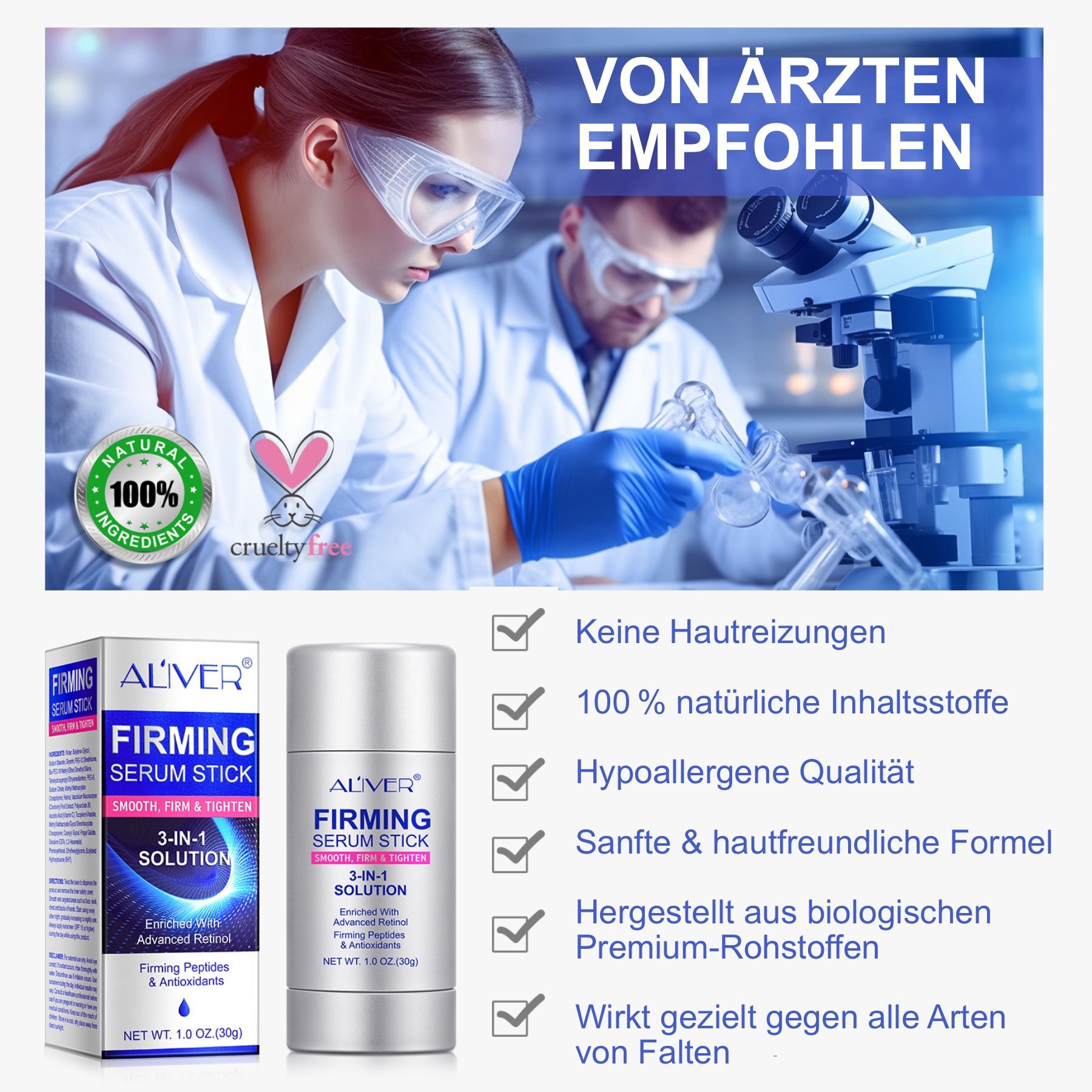 ALIVER Firming Serum Stick, empfohlen von Ärzten. Enthält 100% natürliche Inhaltsstoffe, hypoallergen, sanft.