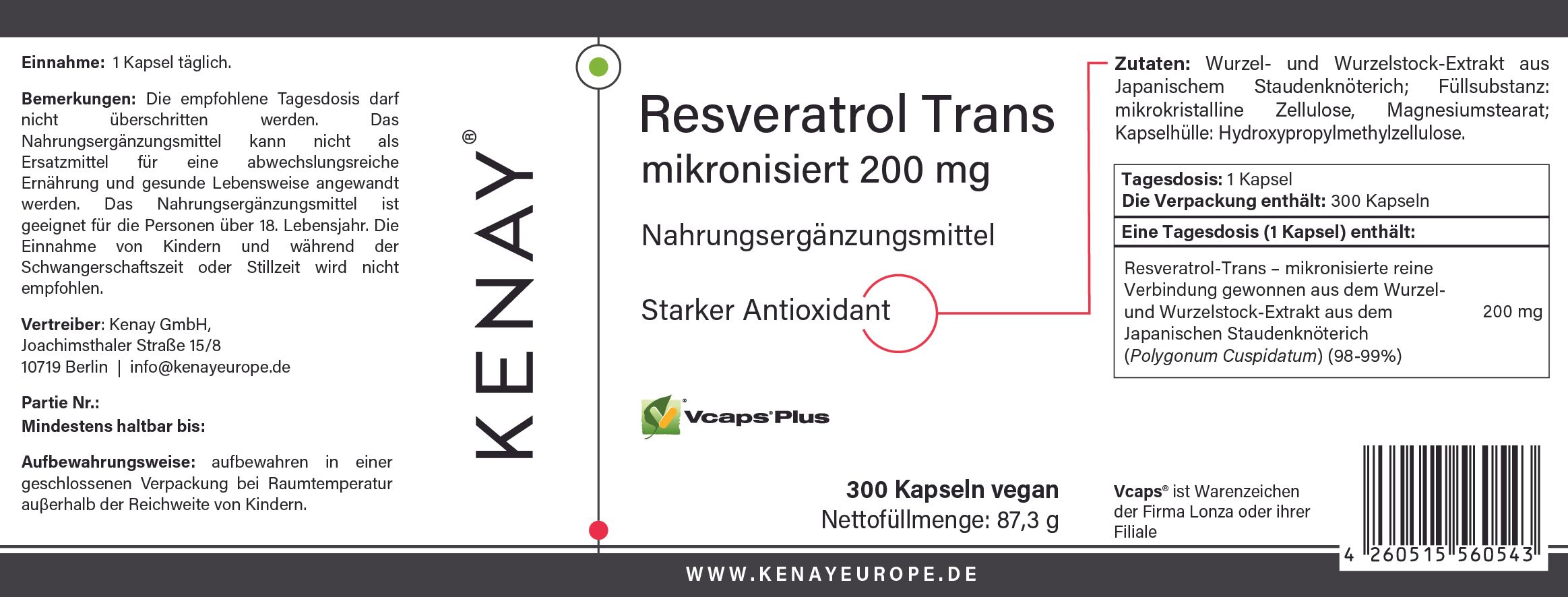 Verpackung mit Produktinformationen. Resveratrol Trans mikronisiert 200 mg, 300 Kapseln. Marke KENAY. Nahrungsergänzungsmittel.