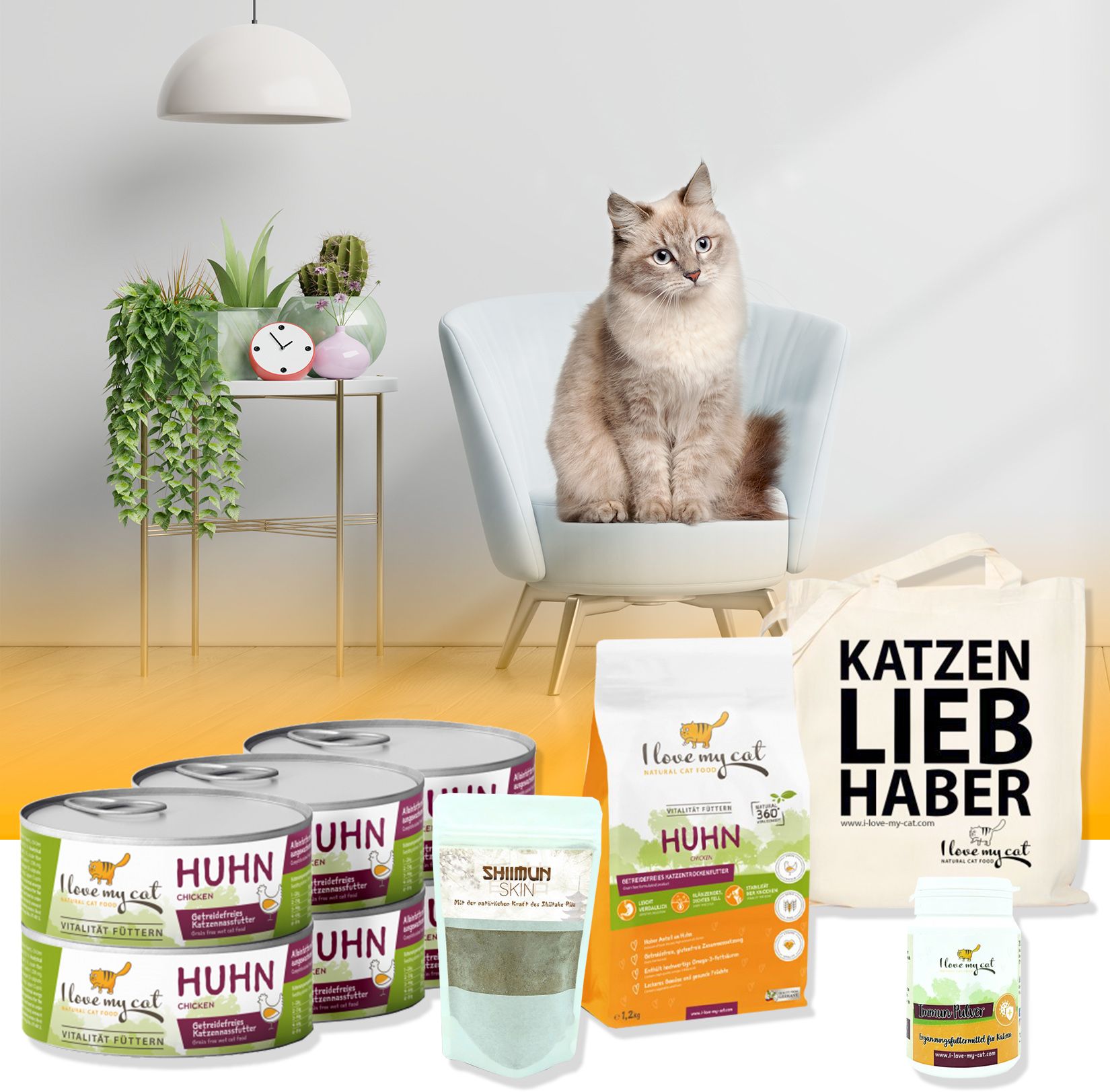 I love my cat Sparset für Sibirische Katze Nassfutter und Trockenfutter mit Huhn Nahrungsergänzung 1,99 kg Set