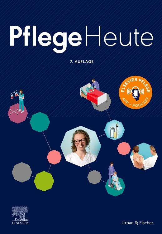 Buchcover mit Titel 'Pflege Heute'. Auf blauem Hintergrund Illustrationen von medizinischen Szenen und Personen. Elsevier-Logo.