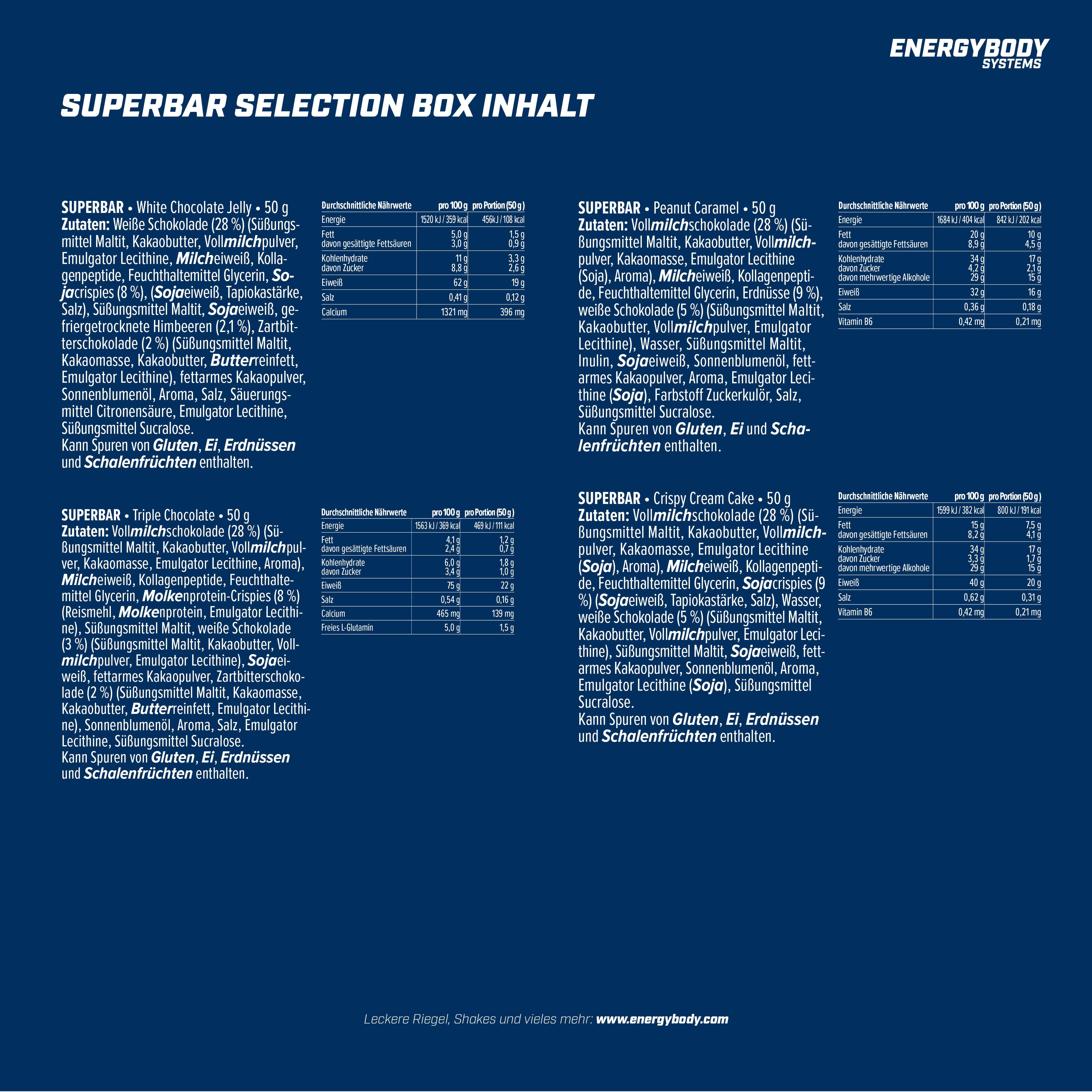 Produktinformationen zur Energybody Superbar Selection Box. Auflistung der Inhaltsstoffe und Nährwerte.