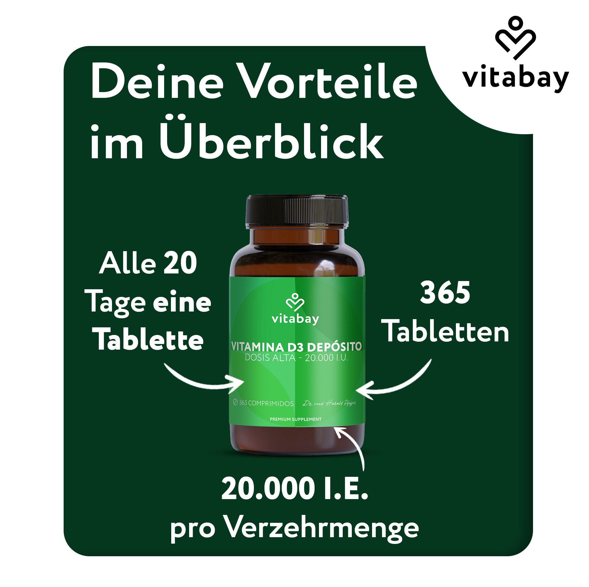 Vitabay Vitamin D3 Depot: 365 Tabletten, 20.000 I.E. pro Einnahme. Einnahme alle 20 Tage.