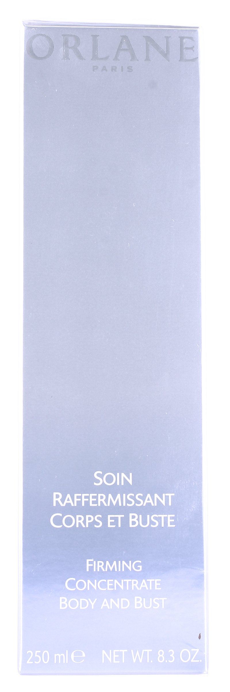 Schachtel mit Produkttext. Oben steht ORLANE PARIS. Darunter: SOIN RAFFERMISSANT CORPS ET BUSTE. FIRMING CONCENTRATE BODY AND BUST. 250 ml, NET WT. 8.3 OZ.