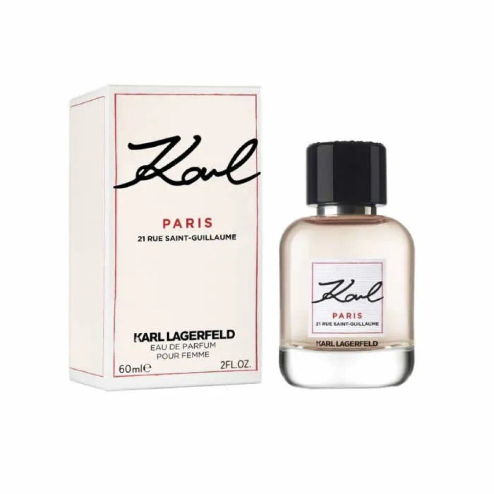 Parfümflasche und Verpackung. Aufschrift: Karl, Paris, 21 Rue Saint-Guillaume, Karl Lagerfeld. 60ml, 2FL.OZ.
