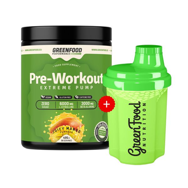 Grünes Pre-Workout-Nahrungsergänzungsmittel mit Shaker. Dose mit Aufschrift "Pre-Workout Extreme Pump". Shaker mit Logo "Green Food Nutrition".