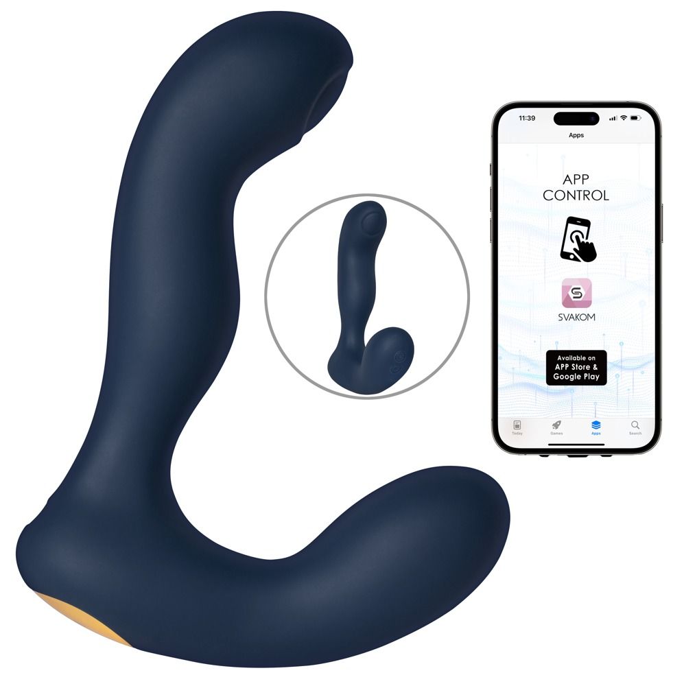 Dunkelblauer Analvibrator. Neben ihm ein Smartphone mit App-Steuerung. Kleines Produktbild. Marke SVAKOM.