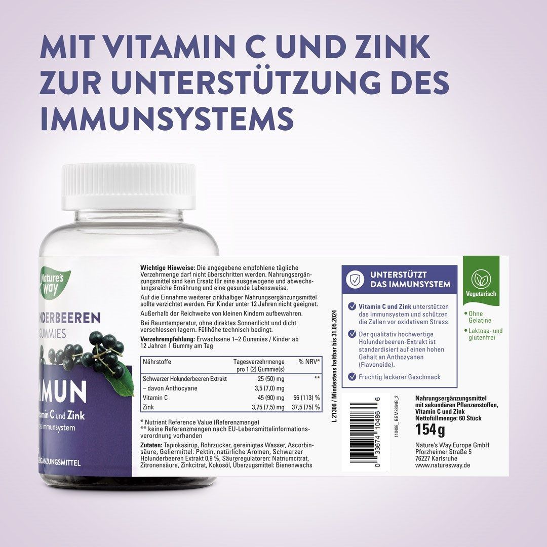 Flasche und Etikett. Text: Vitamin C und Zink zur Unterstützung des Immunsystems. Text: 60 Gummies, 154g. Vegetarisch.