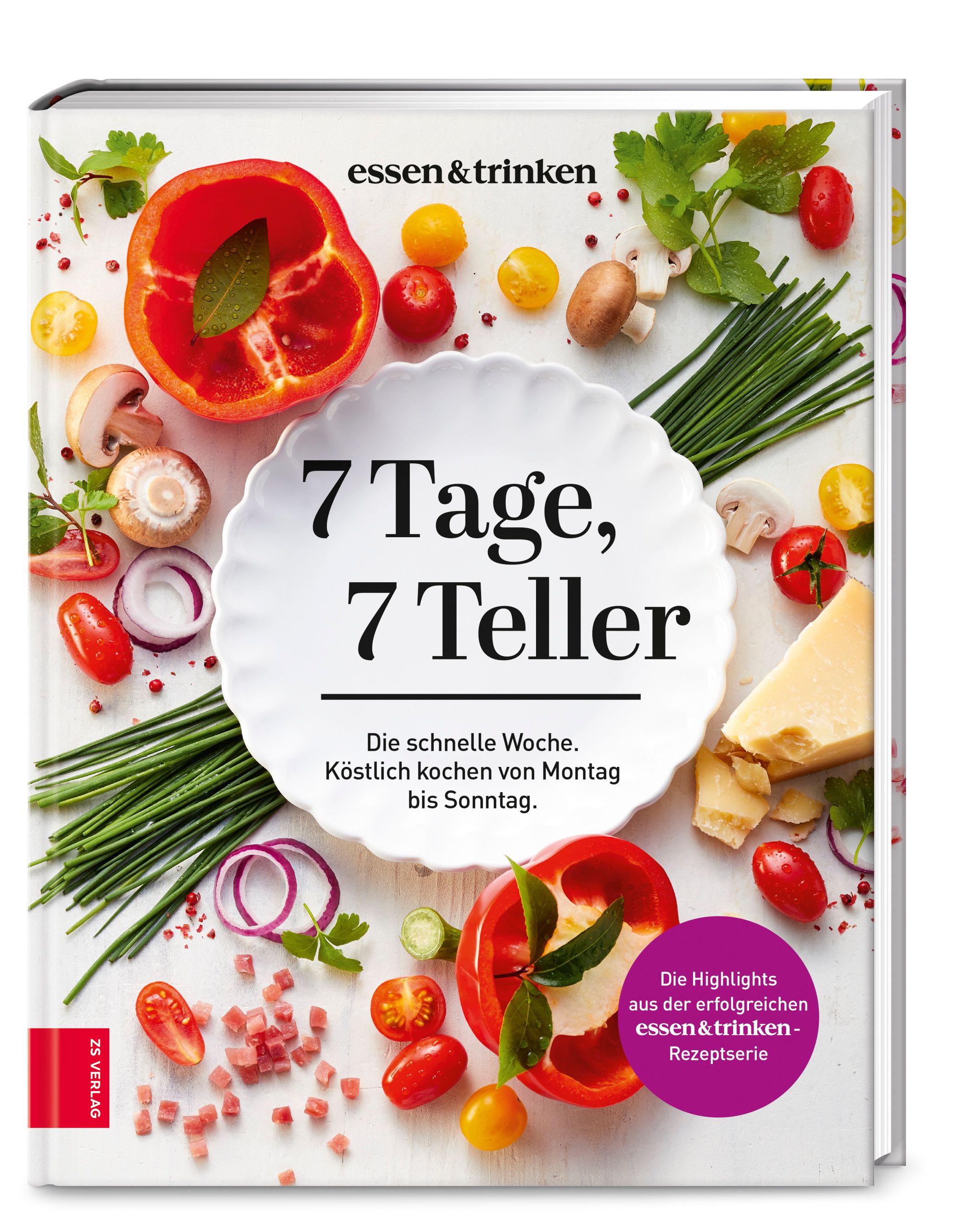 Kochbuch mit dem Titel "7 Tage, 7 Teller". Auf dem Cover sind Gemüse und Zutaten abgebildet. Der Titel steht auf einem Teller.